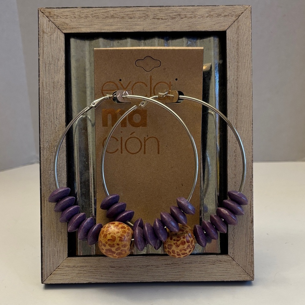 Exclamacion Silver Purple and Brown Hoop Earrings 3”